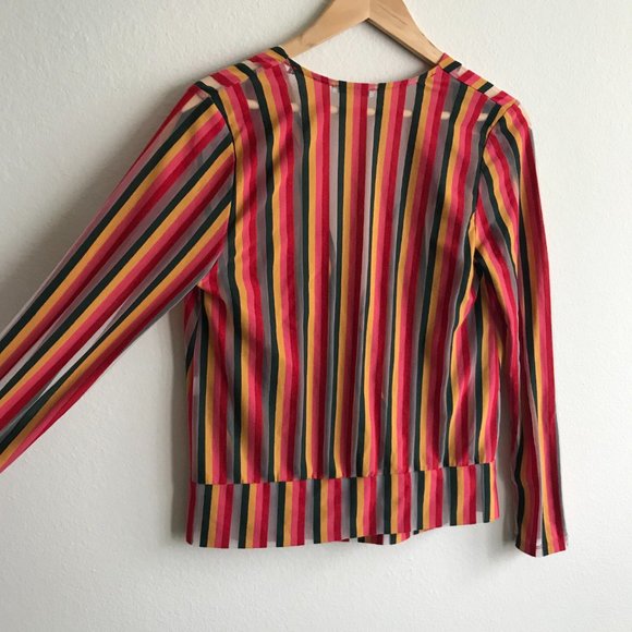 Zara Trafaluc Rainbow Striped Wrap Long Sleeve Blouse Sheer Pride Size S Small - Picture 7 of 7